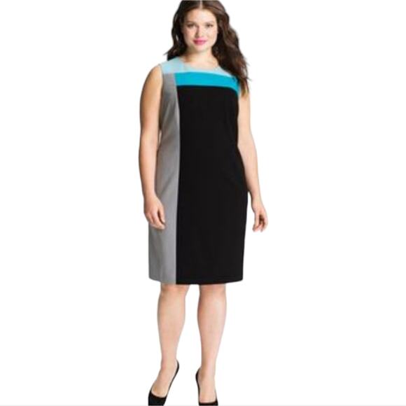 Calvin Klein Color Block Sleeveless Sheath Dress Blue Gray Career Academia Sz 12 - Picture 1 of 10